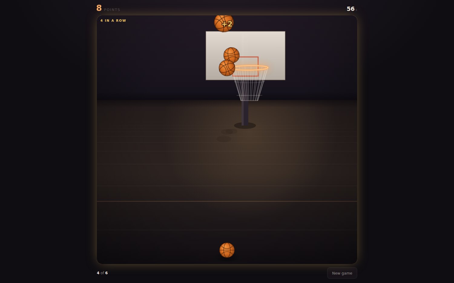 Buzzer — a basketball hoop on a pole seen from behind the ball, with three shots in the air
