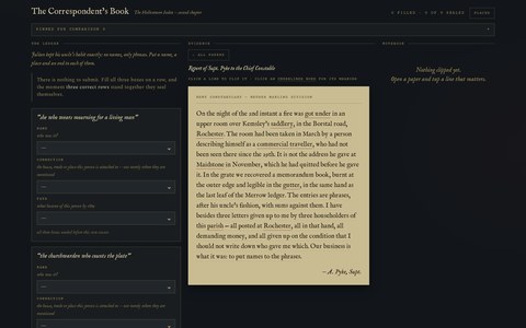 The Correspondent’s Book — a deduction game showing the ledger, a burnt memorandum book and a notebook side by side