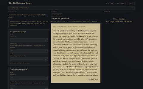 The Hollowmere Index — a deduction game showing the ledger, a police document and a notebook side by side