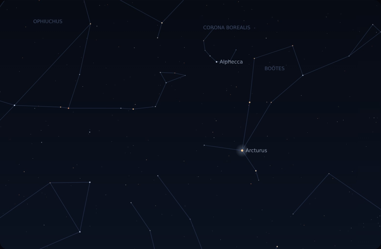 Overhead — a night sky with Arcturus, Boötes and Corona Borealis drawn in faint constellation lines